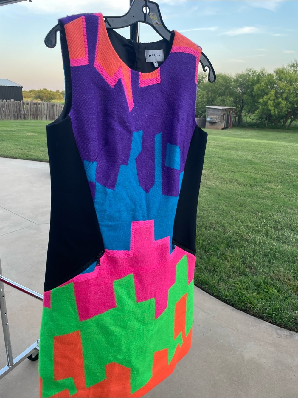 Milly Colorblock Crewneck Dress in Purple, Hot Pink & Orange